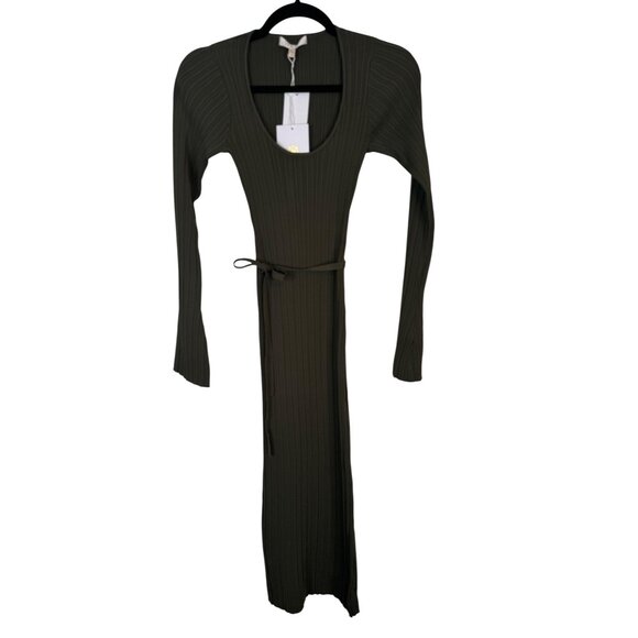 WAYF XS Ribbed Olive Green Knit Long Sleeve Midi Dress Waist Tie - Picture 1 of 15